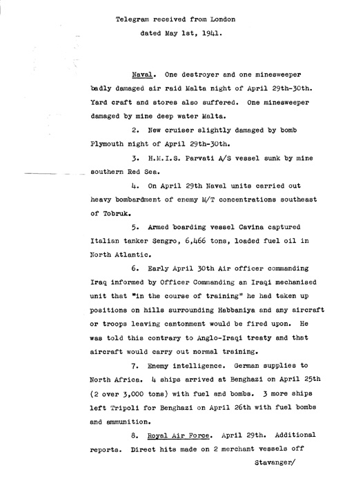[a320b02.jpg] - Telegram from London on military situation 4/1/41