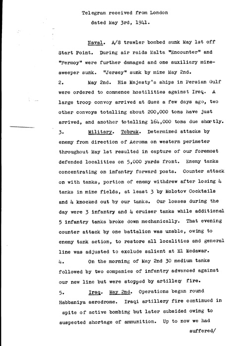 [a320c04.jpg] - Telegram from London on military situation 5/3/41