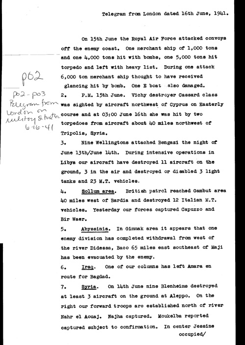 [a321p02.jpg] - Telegram from London on military situation 6/16/41