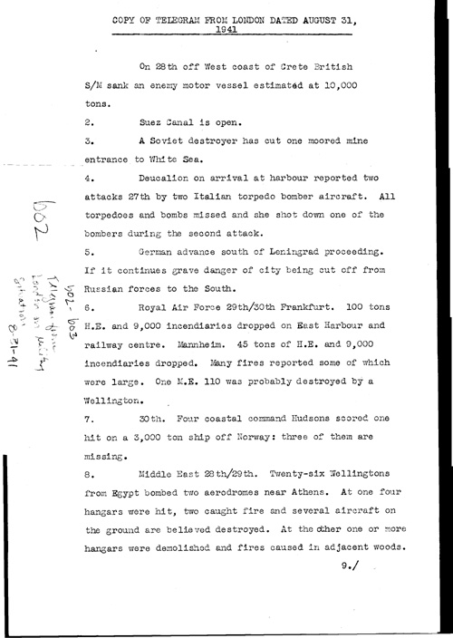 [a323b02.jpg] - Telegram from London the military situation 8/31/41