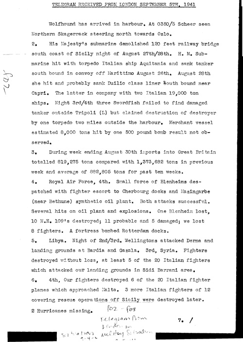 [a323f02.jpg] - Telegram from London on military situation 9/5/41