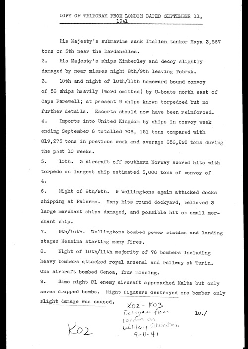 [a323k02.jpg] - Telegram from London on military situation 9/11/41