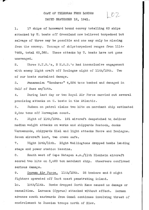 [a323l02.jpg] - Telegram from London on military situation 9/12/41