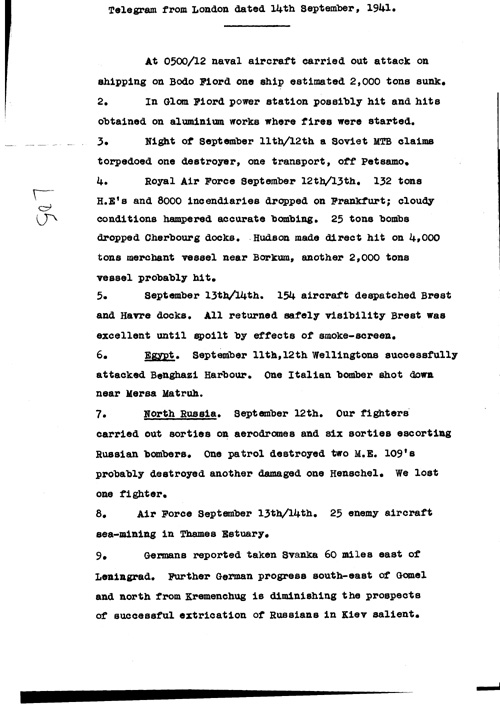 [a323l05.jpg] - Telegram from London on military situation 9/14/41