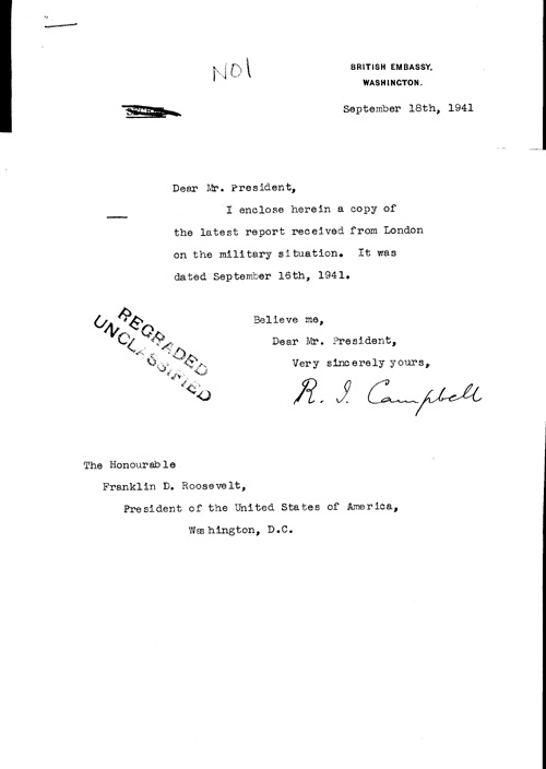 [a323n01.jpg] - Cover letter; Campbell-->FDR 9/18/41 Telegram from London on military situation 9/16/41