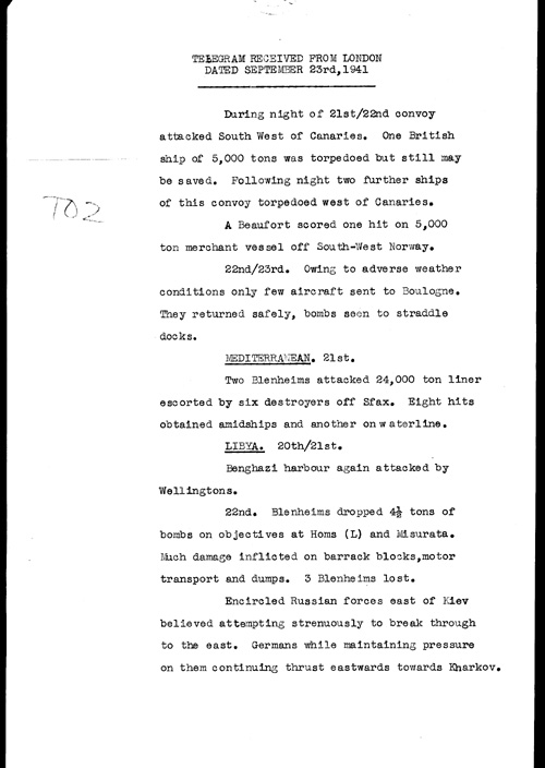 [a323t02.jpg] - Telegram from London on military situation 9/23/41