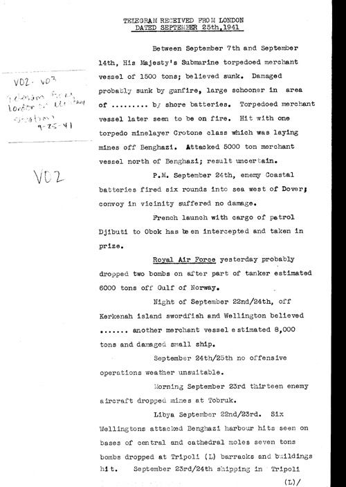 [a323v02.jpg] - Telegram from London on military situation 9/25/41