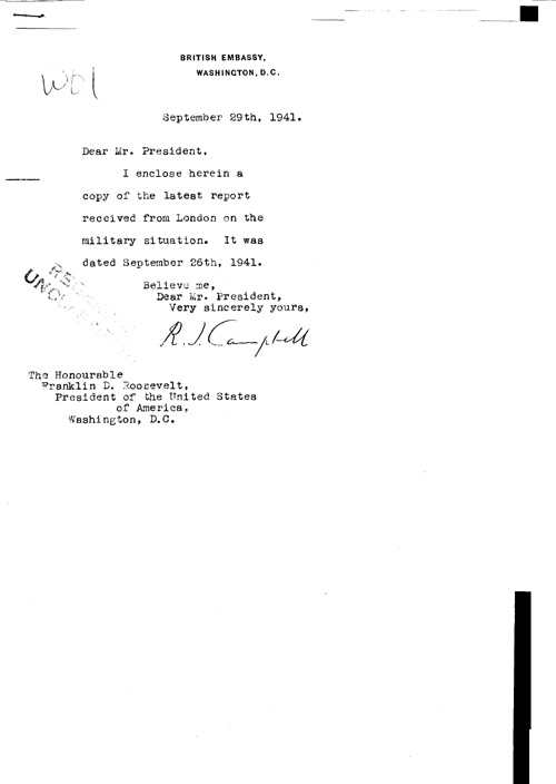 [a323w01.jpg] - Cover letter; Campbell-->FDR 9/29/41