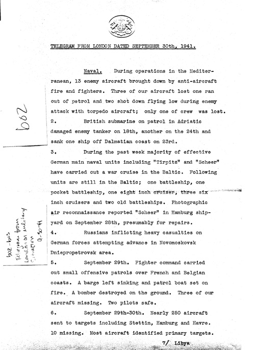 [a324b02.jpg] - Telegram from London on military situation 9/30/41