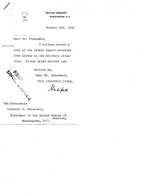 [a324c01.jpg] - Cover letter; Lord Halifax-->FDR 10/3/41