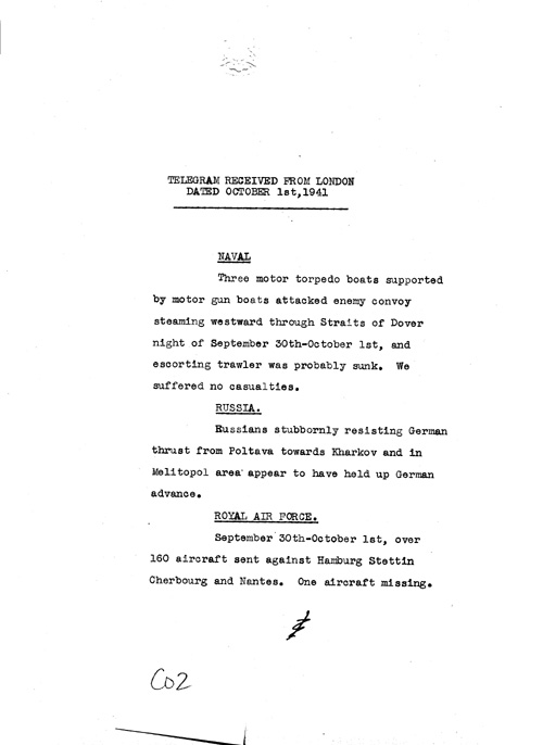 [a324c02.jpg] - Telegram from London on military situation 10/1/41