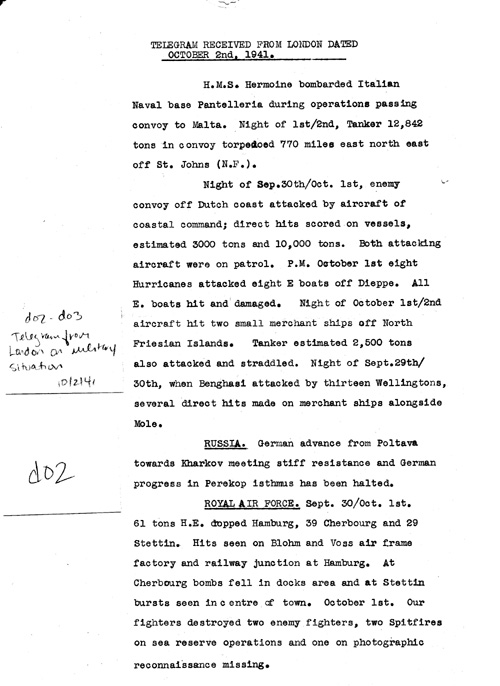 [a324d02.jpg] - Telegram from London on military situation 10/2/41