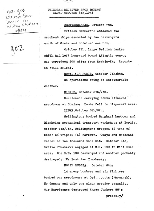 [a324g02.jpg] - Telegram from LOndon on military situation 10/8/41