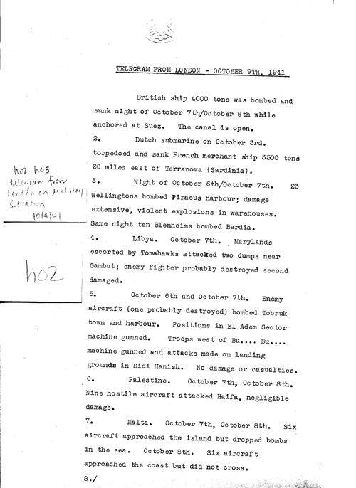 [a324h02.jpg] - Telegram from London on military situation 10/9/41