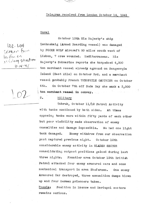 [a324l02.jpg] - Telegram from London on military situation 10/14/41