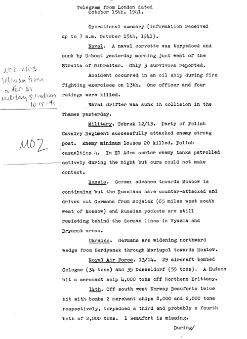[a324m02.jpg] - Telegram from London on military situation 10/15/41