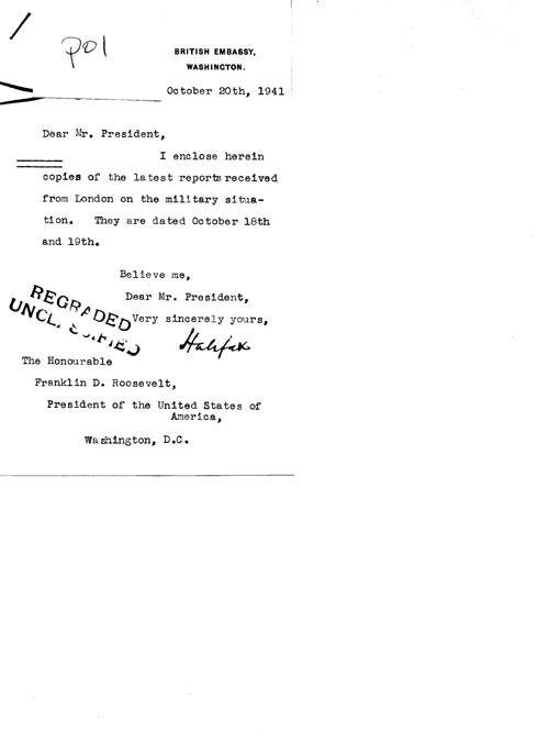 [a324p01.jpg] - Cover letter; halifax-->FDR 10/20/41