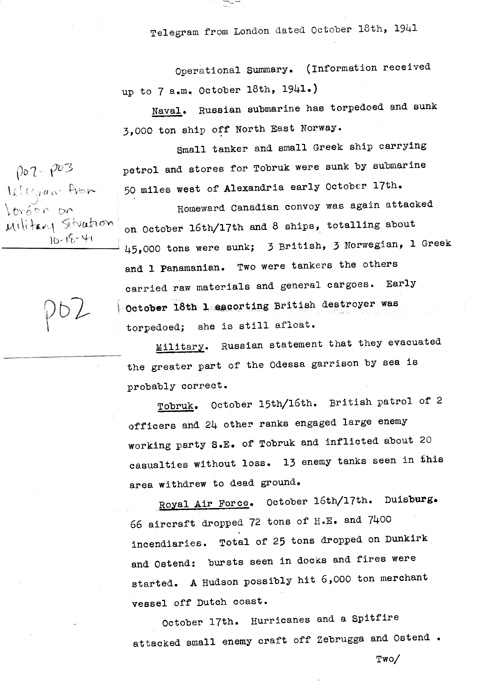 [a324p02.jpg] - Telegram from London on military situation 10/18/41