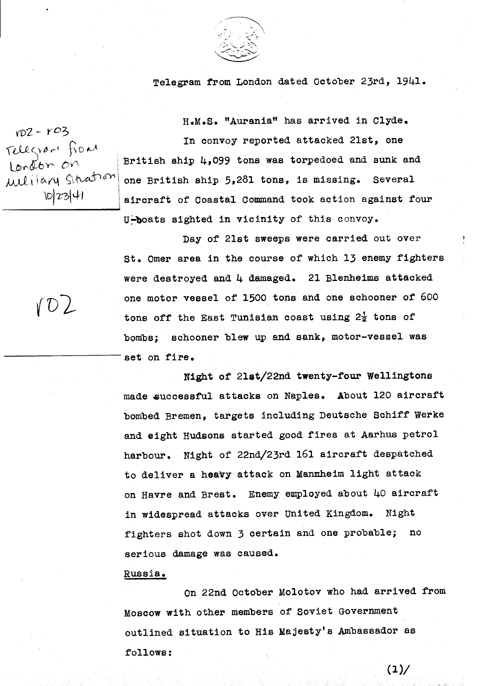 [a324r02.jpg] - Telegram from London on military situation 10/23/41