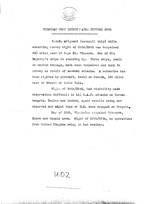 [a324u02.jpg] - Telegram from London on military situation 10/26/41