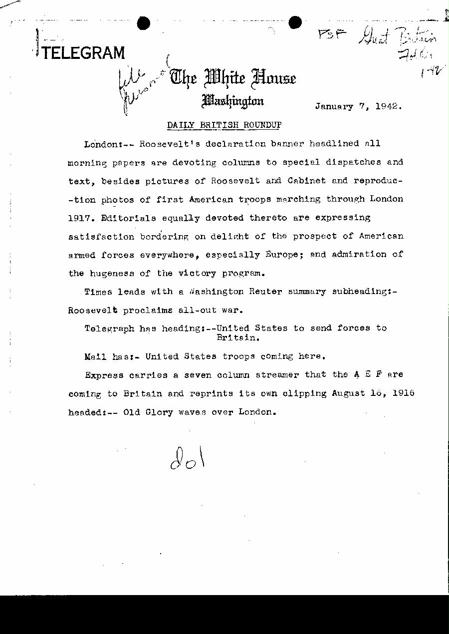 [a327d01.jpg] - Telegram dispatched from White House. 1/7/42.