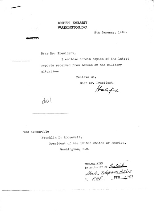 [a328d01.jpg] - Cover letter; Halifax-->FDR 1/5/42
