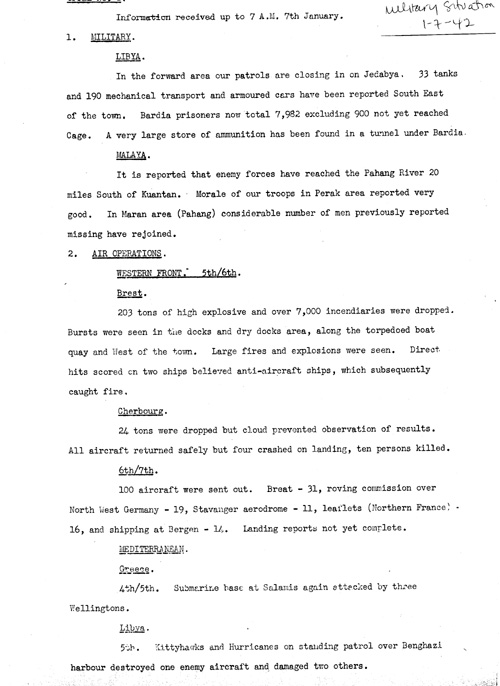 [a328f04.jpg] - Telegram from London on military situation 1/7/42