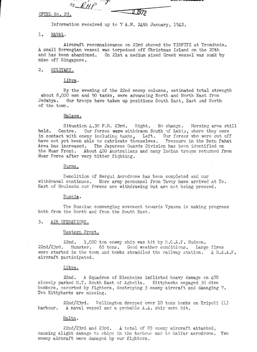 [a328v02.jpg] - Telegram from LOndon on military situation 1/24/42