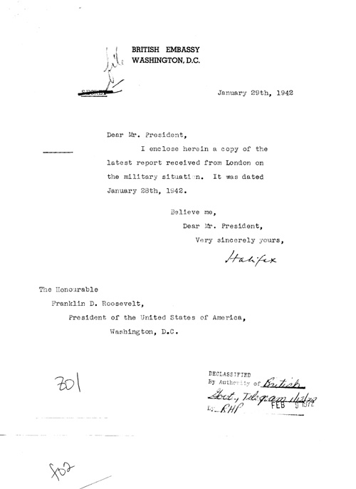[a328z01.jpg] - Cover letter; Halifax-->FDR 1/29/42