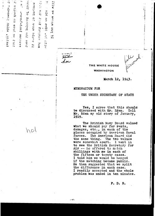 [a330h01.jpg] - Memo; FDR-->Under Secretary of State 3/12/43