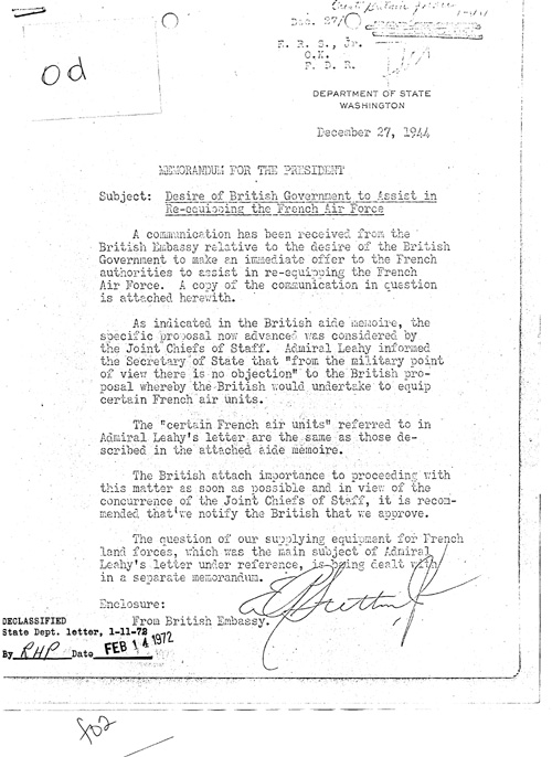 [a331o01.jpg] - E.R. Stettinius, Jr. --> FDR re: Desire of British government to assist in re-equipping French air force.12/27/44
