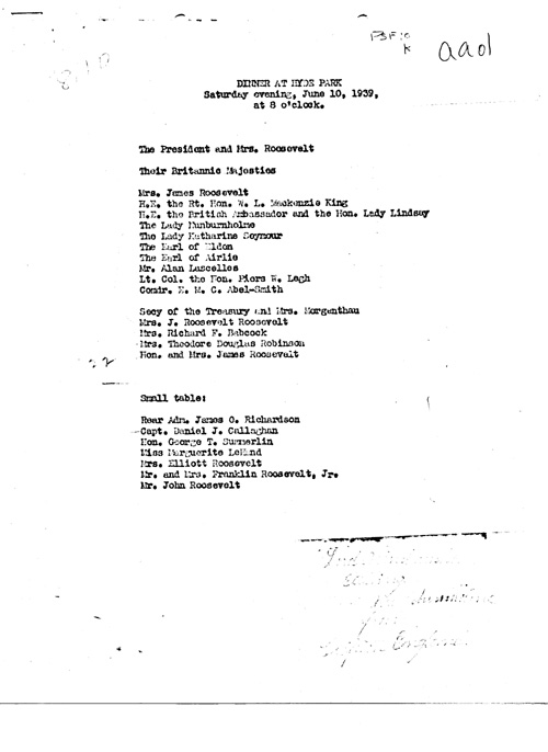 [a343aa01.jpg] - Guest lists:  dinners at Hyde Park/King and Queen of England's visit. 6/10/39.PAGE-1