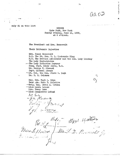 [a343aa02.jpg] - Guest lists:  dinners at Hyde Park/King and Queen of England's visit. 6/10/39.PAGE-2