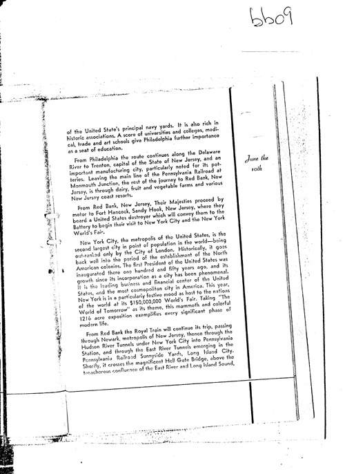 [a343bb09.jpg] - Itinerary:  The Visit of Their Britannic Majesties to the United State of America: June 7 to June 12 1939.PAGE-9