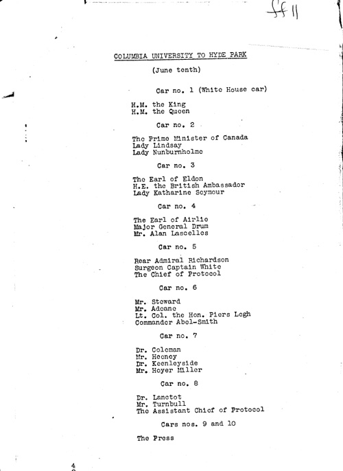 [a343ff11.jpg] - Lists cars, car numbers and occupants/King and Queen visit. 6/8/39.PAGE-11