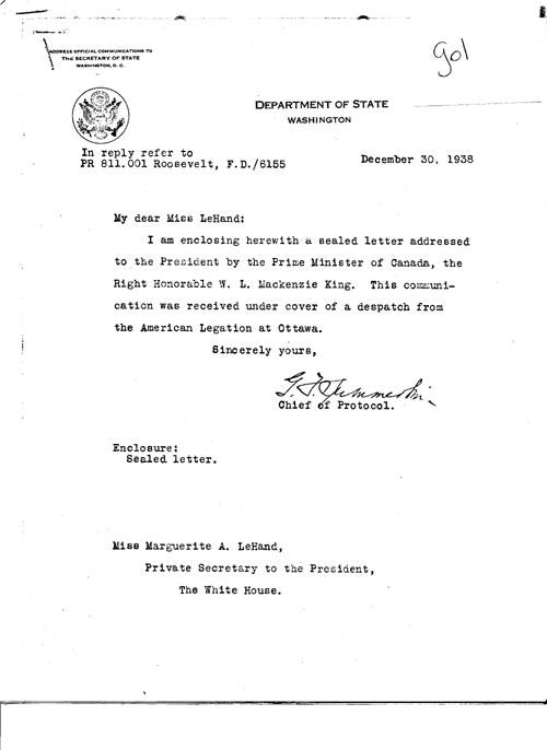 [a343g01.jpg] - Chief of Protocol George Summerlin --> Miss LeHand. 12/30/38.