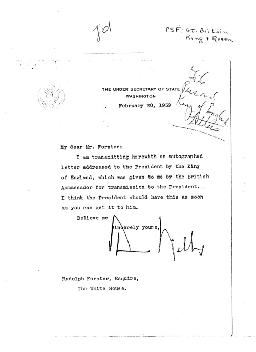 [a343j01.jpg] - Sumner Welles --> Rudolph Forster. 2/20/39.