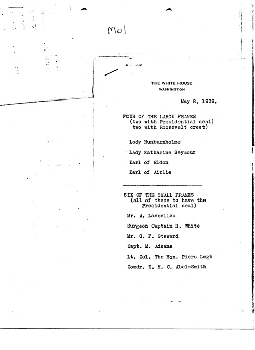 [a343m01.jpg] - List for distribution of frames with Presidential seal and Roosevelt crest. 5/8/39.