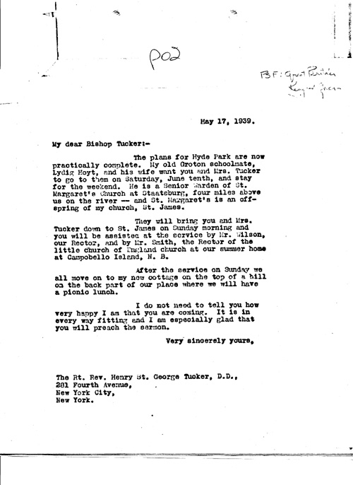 [a343p02.jpg] - FDR --> Bishop Tucker. 5/17/39.