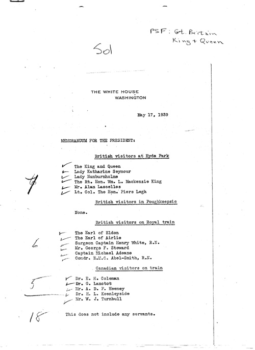 [a343s01.jpg] - Mrs. J.M.Helm --> FDR re: visitors and guests/Royal visit. 5/17/39.