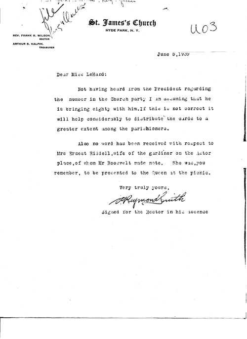 [a343u03.jpg] - Raymond Smith -->Miss LeHand. 6/5/39.