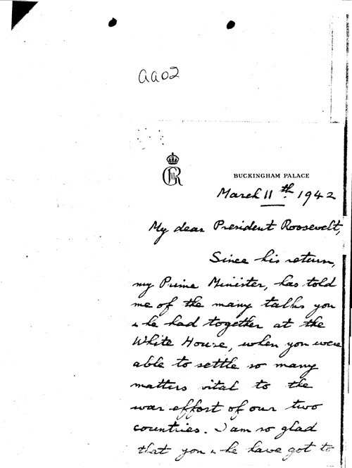 [a344aa02.jpg] - King George --> FDR re: Japan's attacks on British territories. 3/11/42.