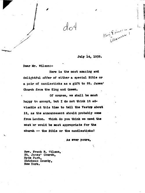 [a344d04.jpg] - FDR --> Rev. Frank R. Wilson. 7/14/39.