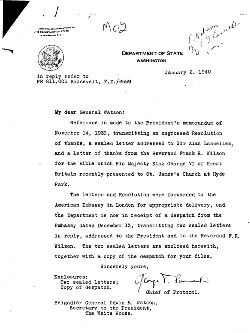 [a344m02.jpg] - George T. Summerlin -->Gen. Watson. 2/2/40.