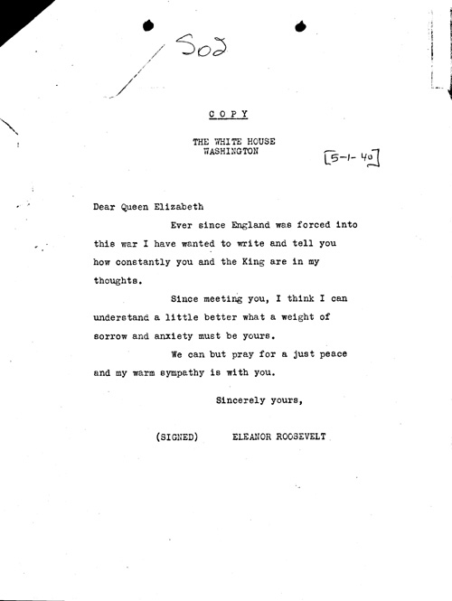 [a344s02.jpg] - Eleanor Roosevelt --> Queen Elizabeth. 5/1/40.