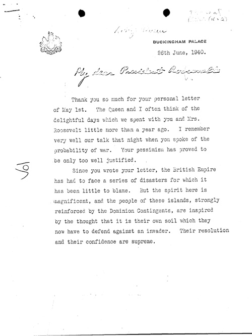 [a344v01.jpg] - King George --> FDR re:Use of U.S. destroyers. 6/26/40.