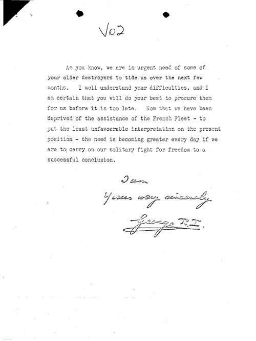 [a344v02.jpg] - King George --> FDR re:Use of U.S. destroyers. 6/26/40.