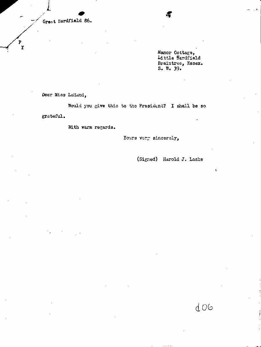 [a345d06.jpg] - Harold Laski --> Miss LeHand (Typed)