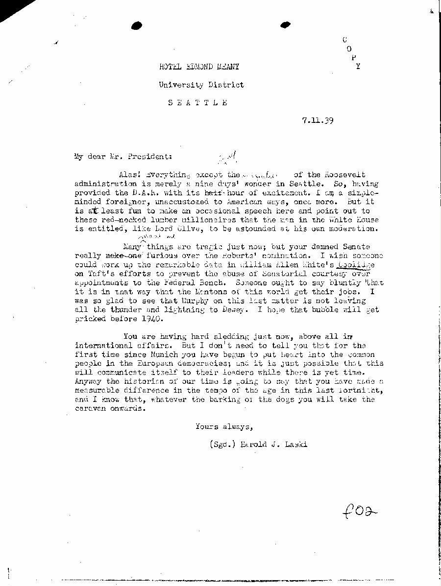 [a345f02.jpg] - Harold Laski --> F.D.R (Typed) 7/11/1939