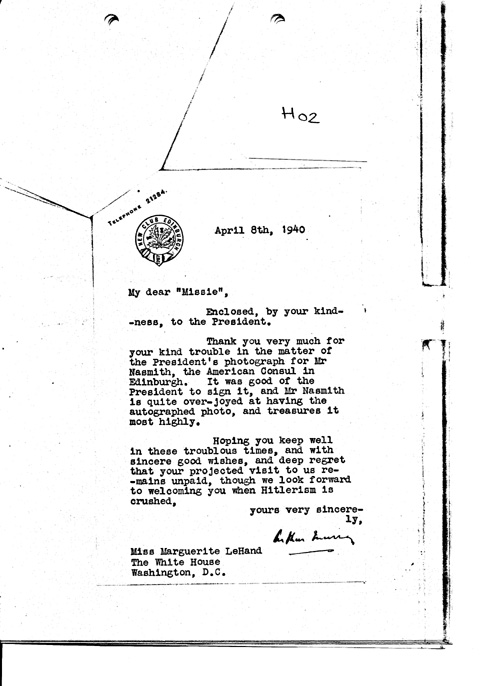 [a349h02.jpg] - Miss Marguerite LeHand April 8th 1940